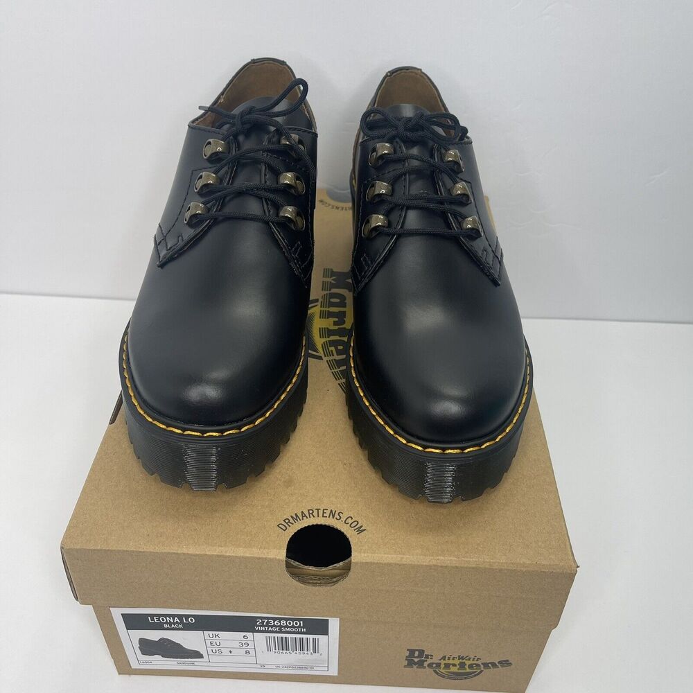 Dr. Martens Leona Lo Size 8 Smooth Leather Lug Sole Heeled Derby Shoe, Black - Picture 5 of 15